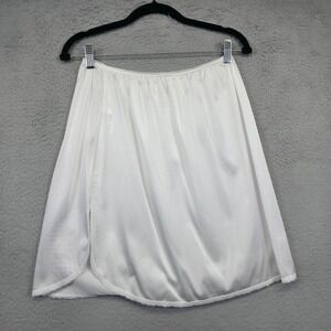 Vintage Vassarette Slip Skirt Womens L White Satin Lace Trim Slit Short Lingerie